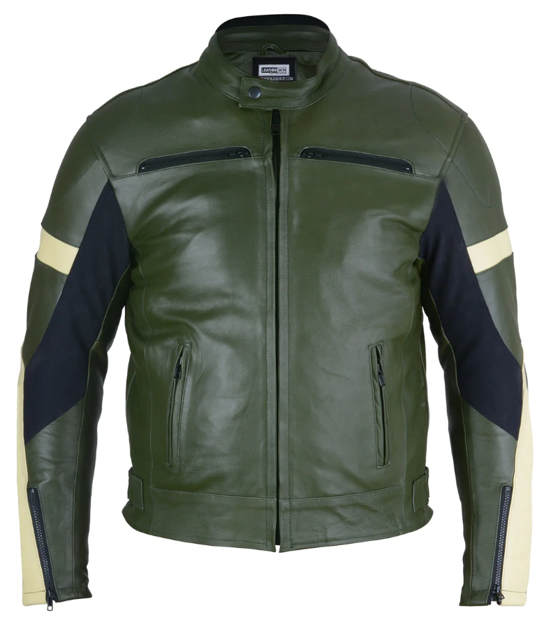 Dark Green Leather Motorcycle Jacket - Protective Armor Leather Biker Jacket