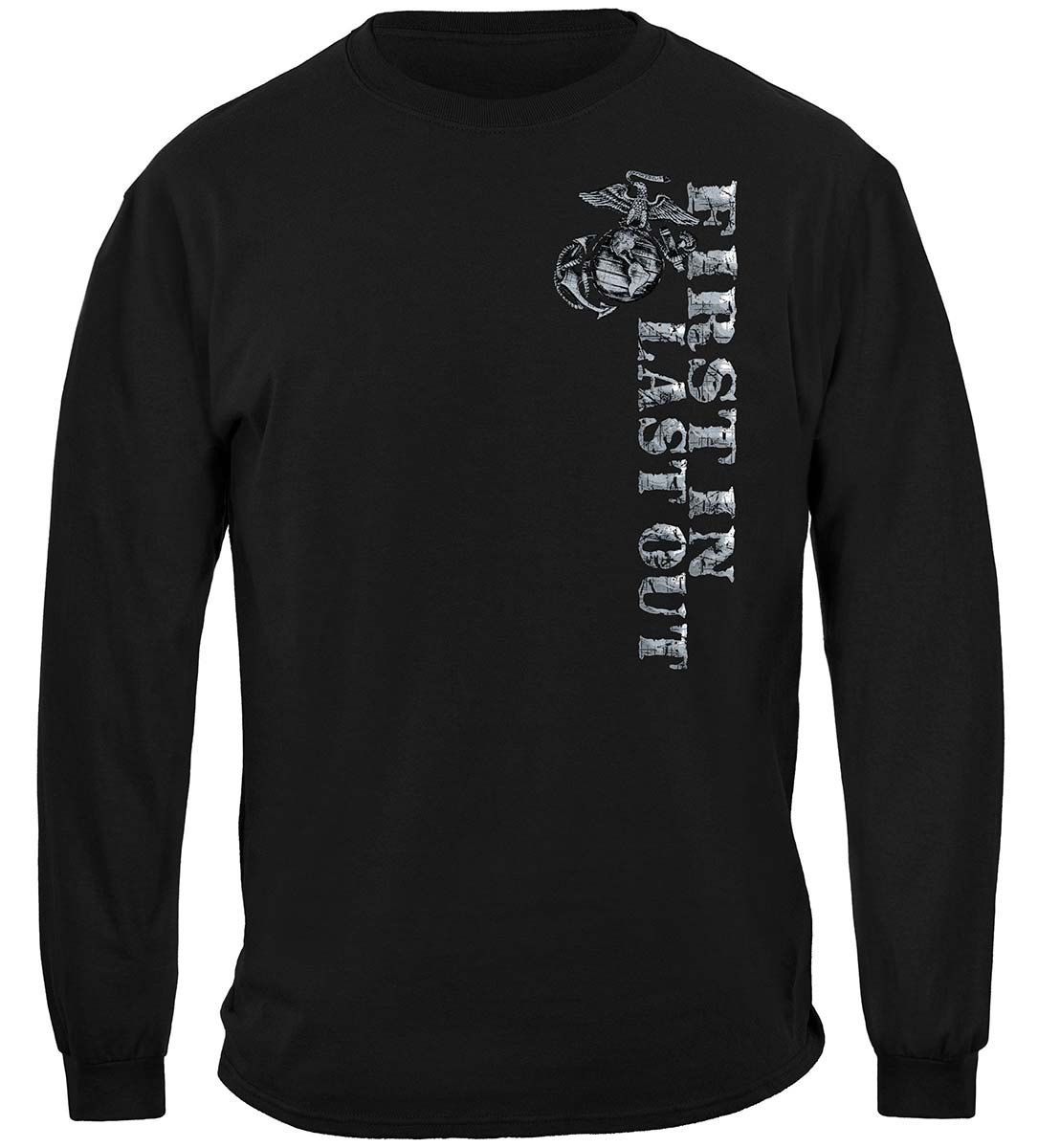USMC First In Last Out Silver Foil Bulldog Long Sleeve Shirt - front view