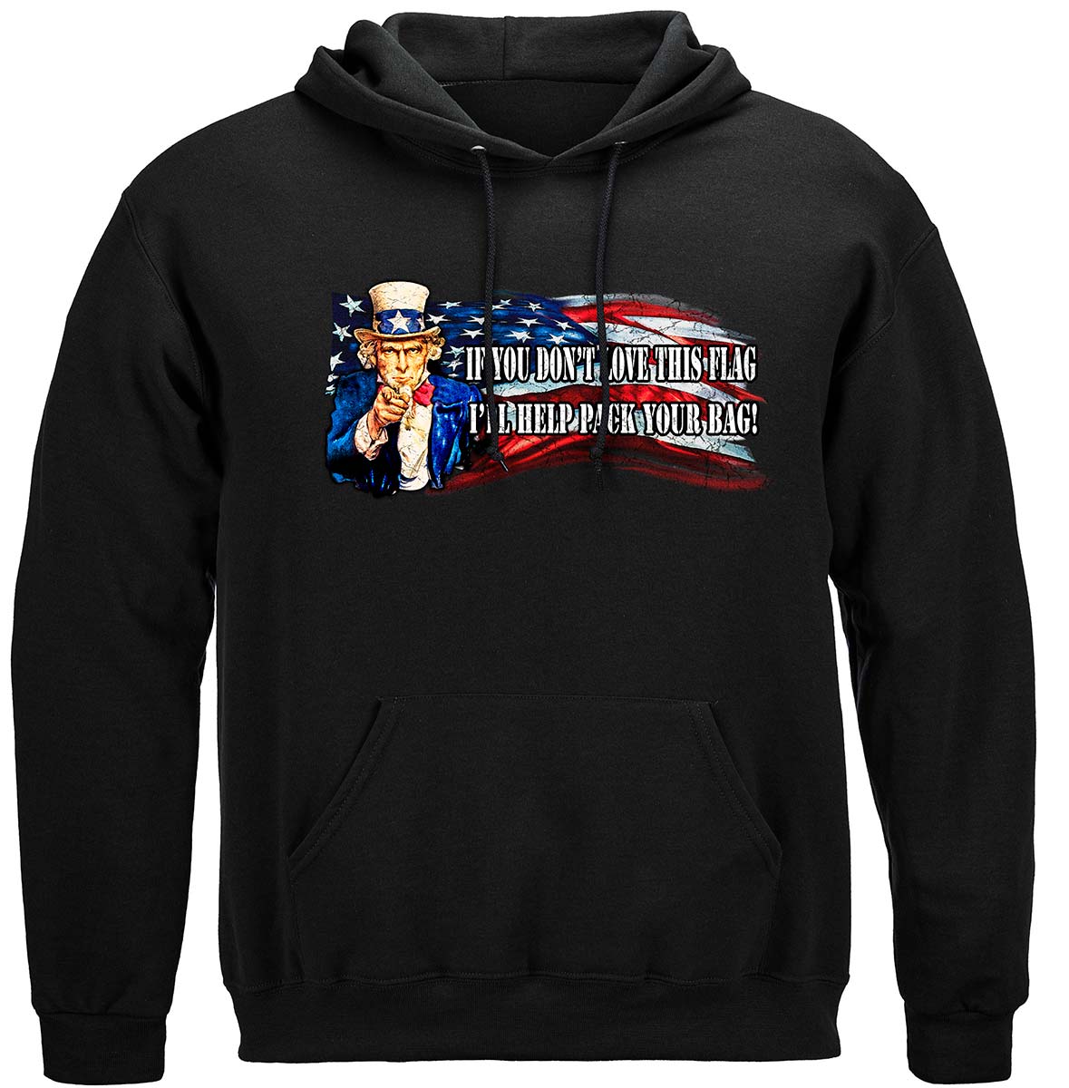 Uncle Sam Pack Your Bags Flag Hoodie - front view
