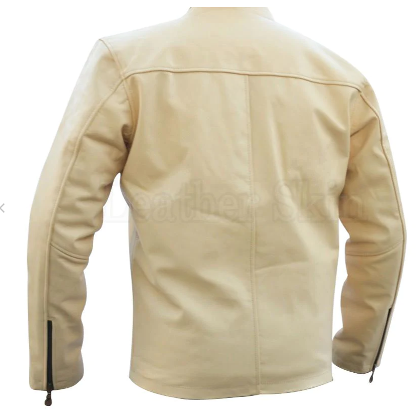 Men Off-White Cream Blue Red Stripes Motorcycle Genuine Leather Jacket