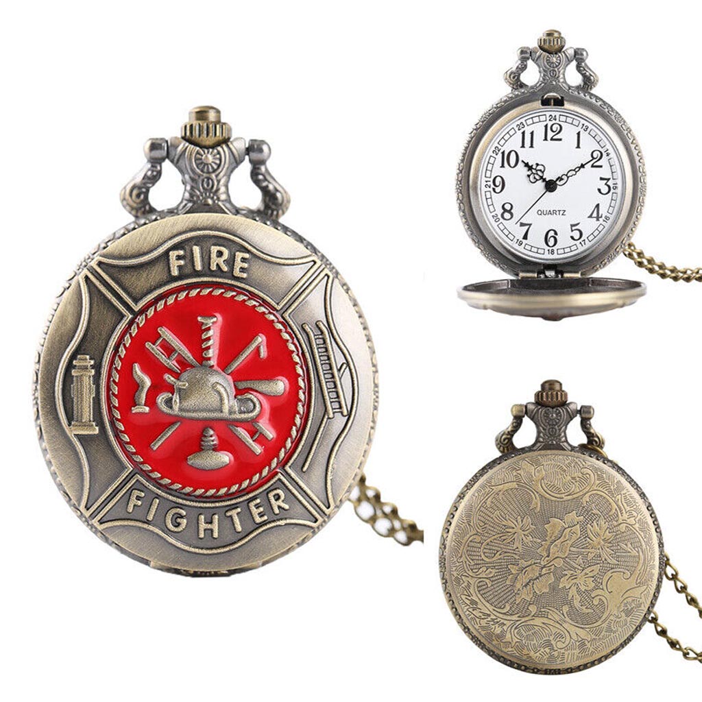 Vintage Firefighter Quartz Analog Pocket Watch with Red Fire Dept. Logo