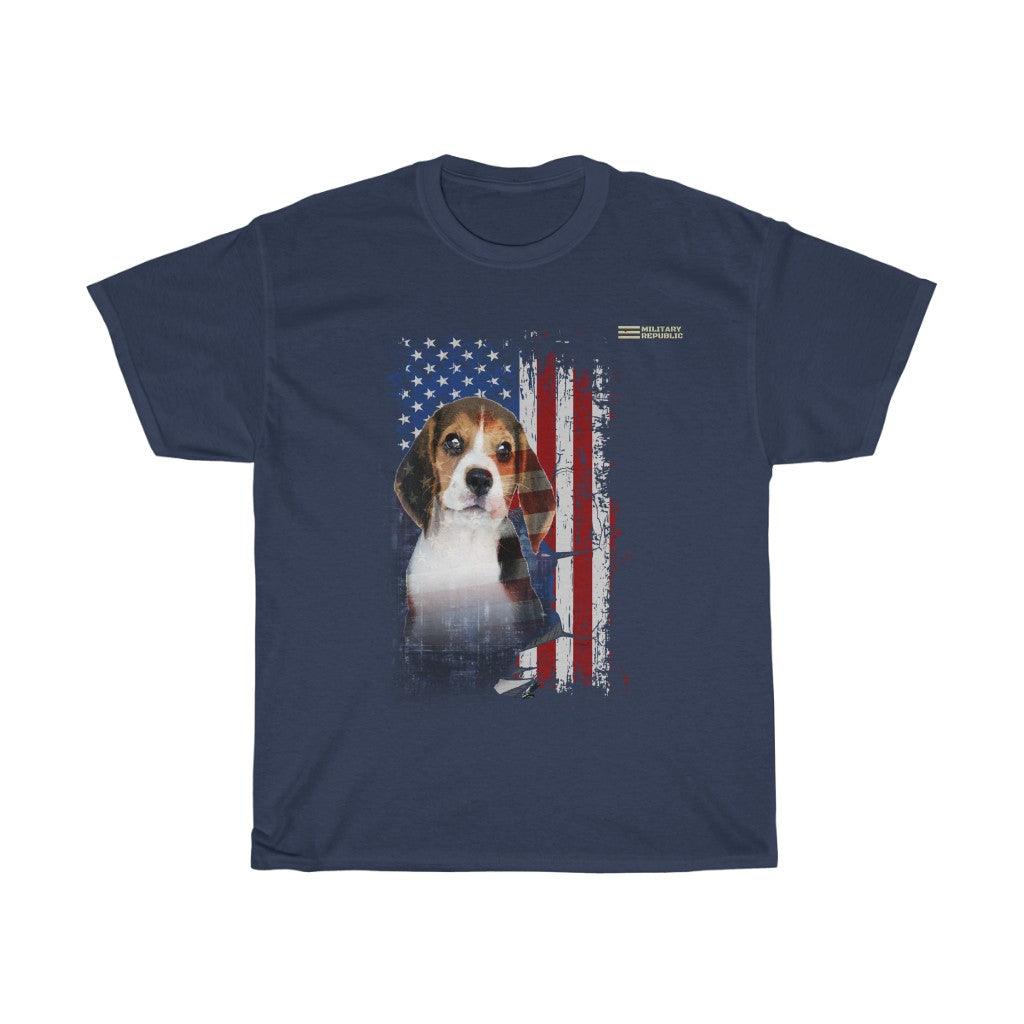 Beagle Dog with Distressed USA Flag Patriotic T-shirt - Military Republic