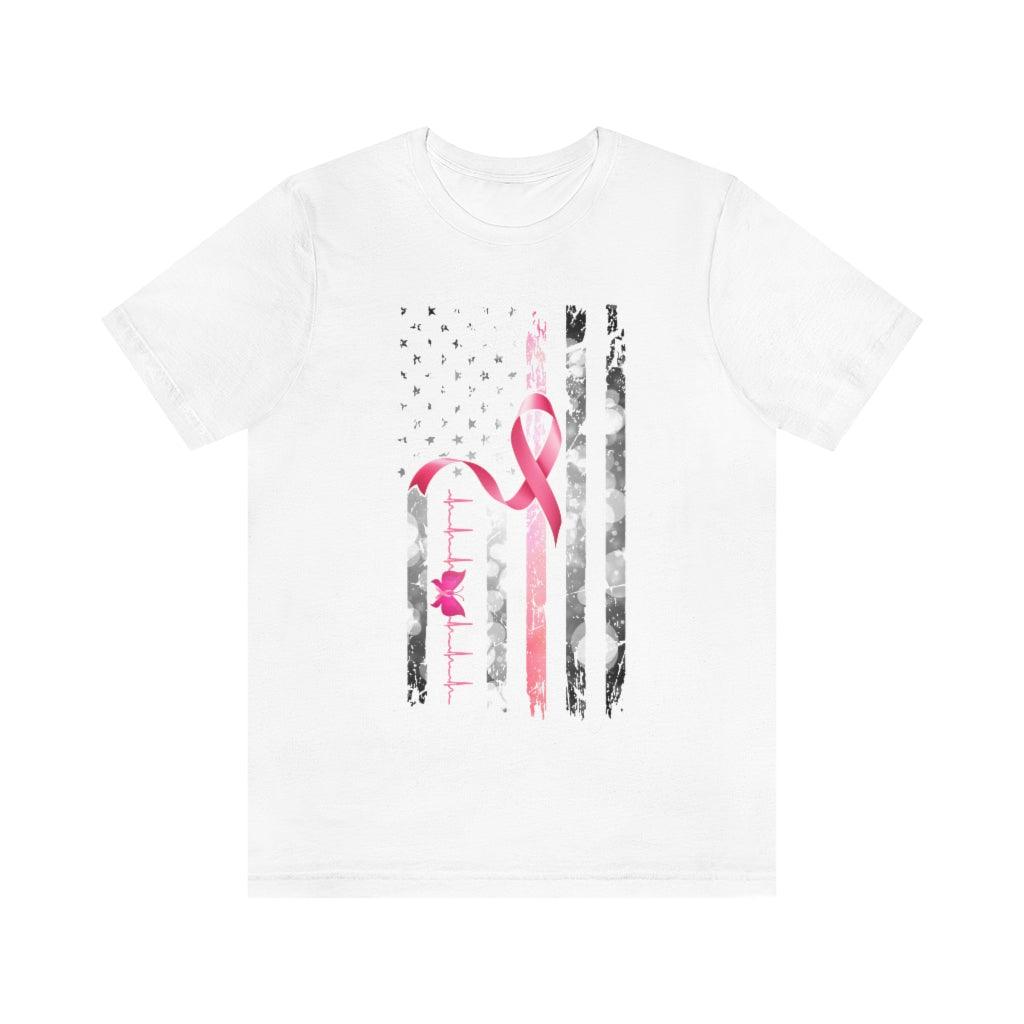 Pink Ribbon With USA Flag And Heart Beat Design T-shirt - Military Republic