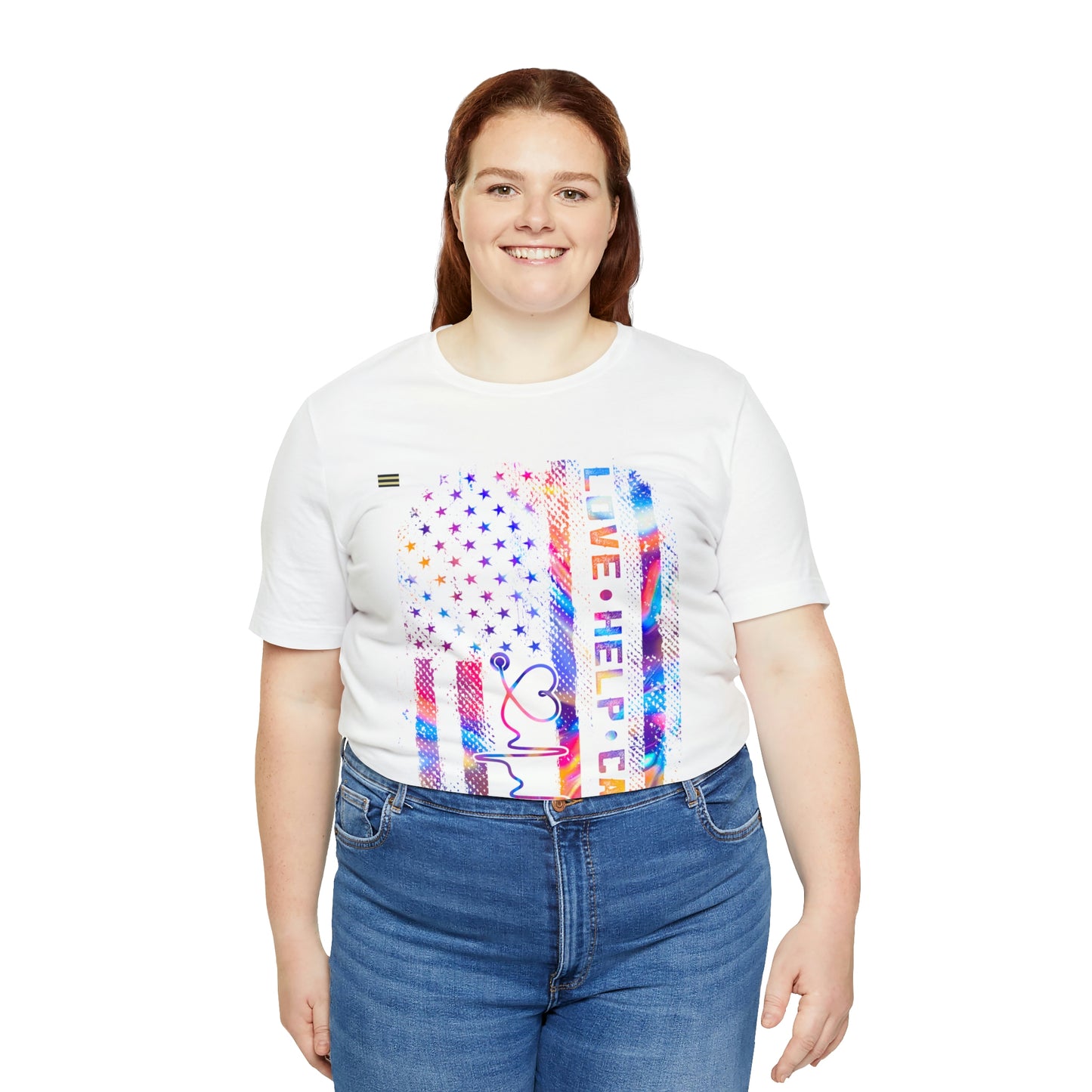 Colorful Distressed USA Flag with Love-Help-Care Design Nurse T-shirt