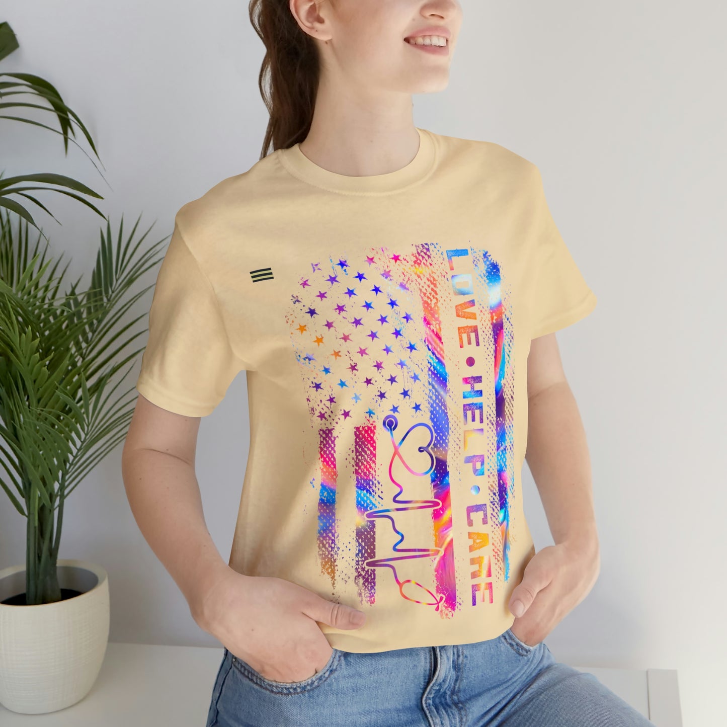 Colorful Distressed USA Flag with Love-Help-Care Design Nurse T-shirt