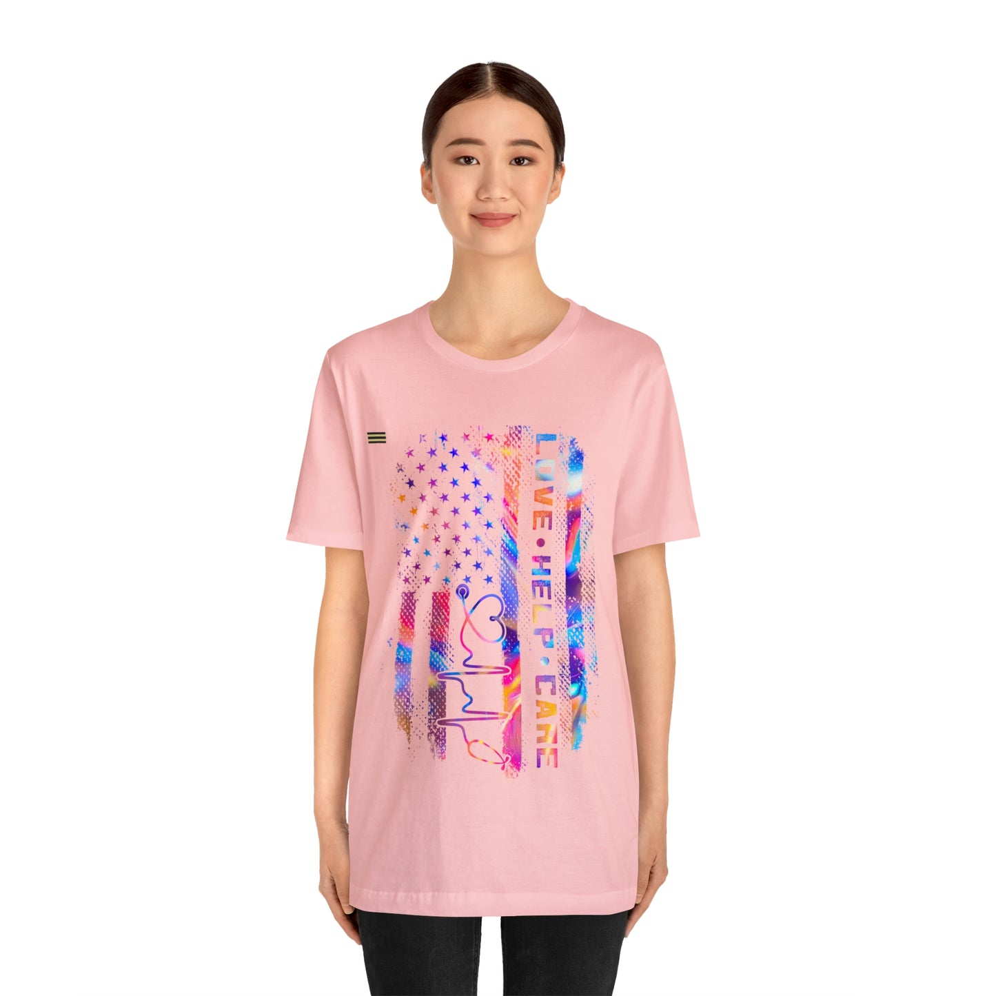 Colorful Distressed USA Flag with Love-Help-Care Design Nurse T-shirt