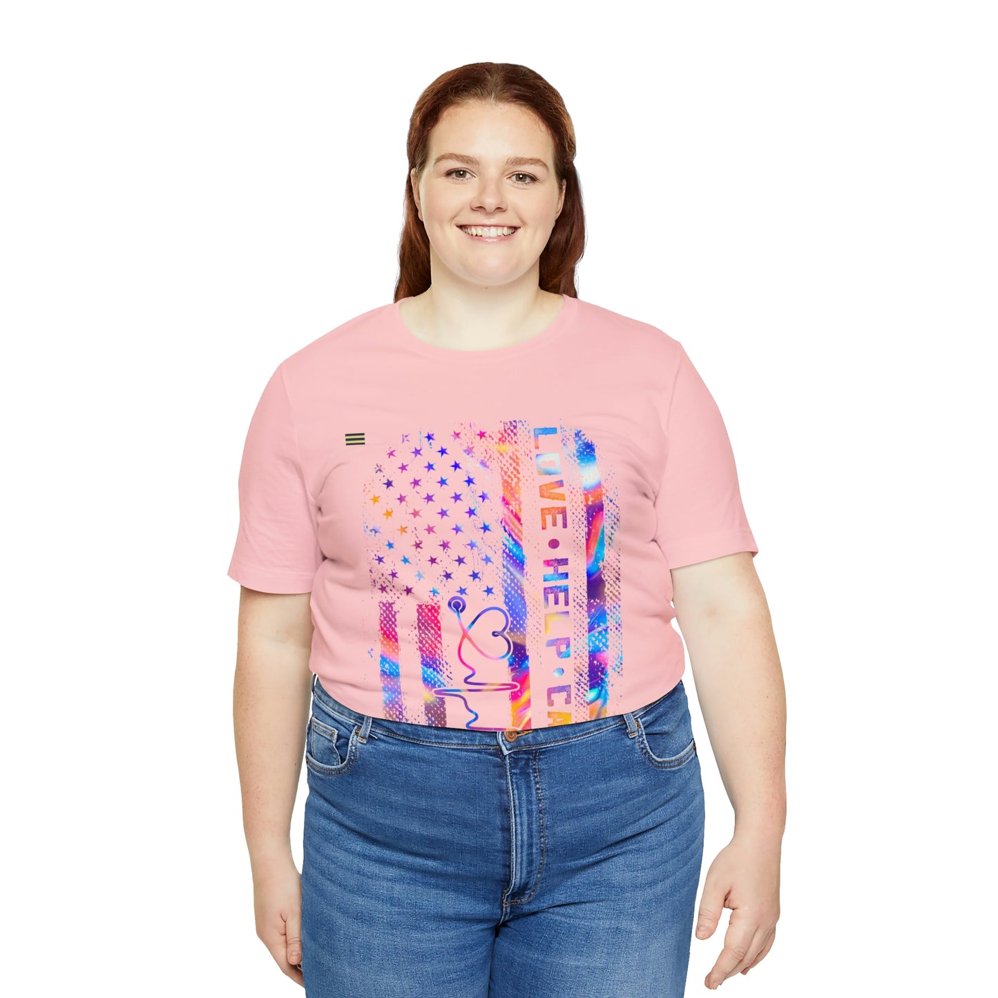 Colorful Distressed USA Flag with Love-Help-Care Design Nurse T-shirt