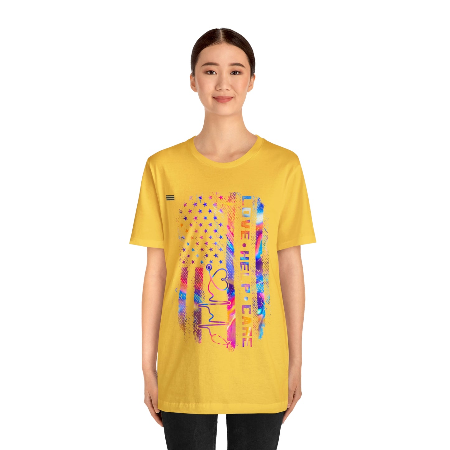 Colorful Distressed USA Flag with Love-Help-Care Design Nurse T-shirt