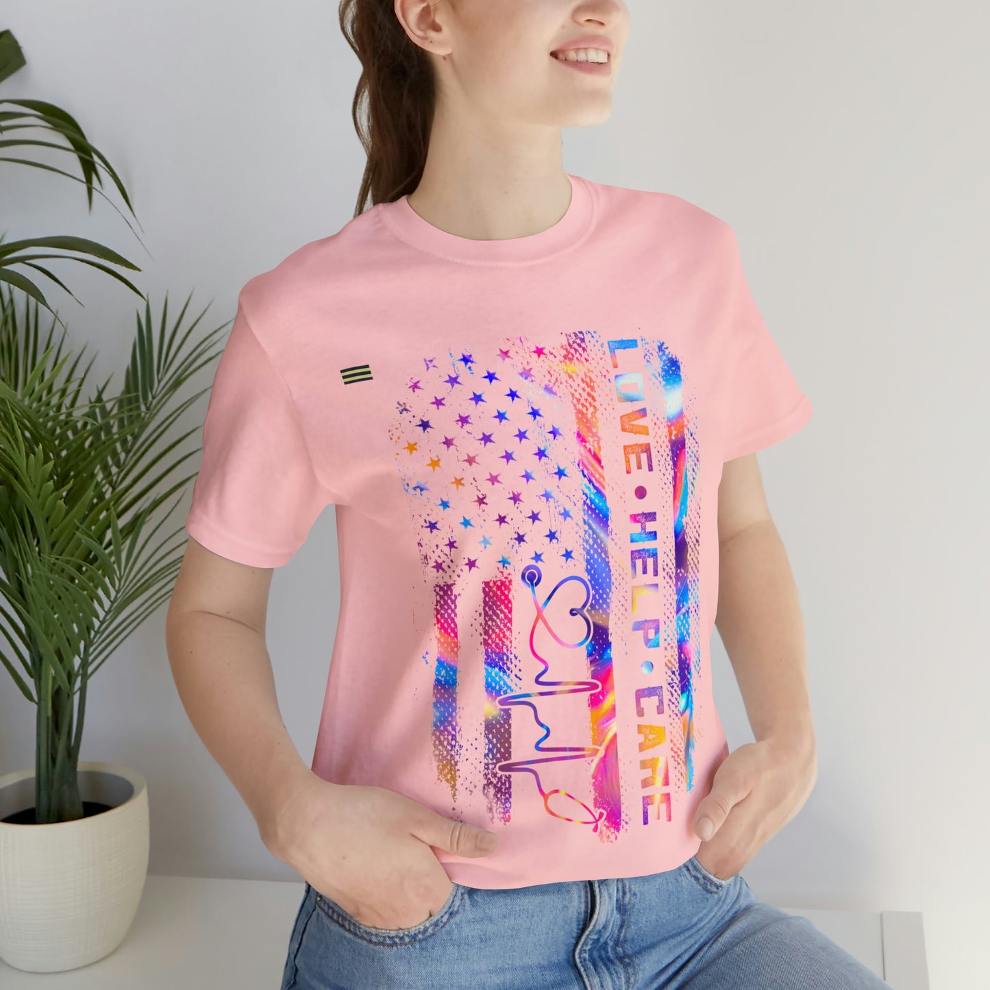 Colorful Distressed USA Flag with Love-Help-Care Design Nurse T-shirt