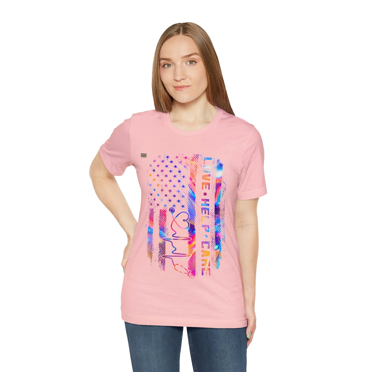 Colorful Distressed USA Flag with Love-Help-Care Design Nurse T-shirt