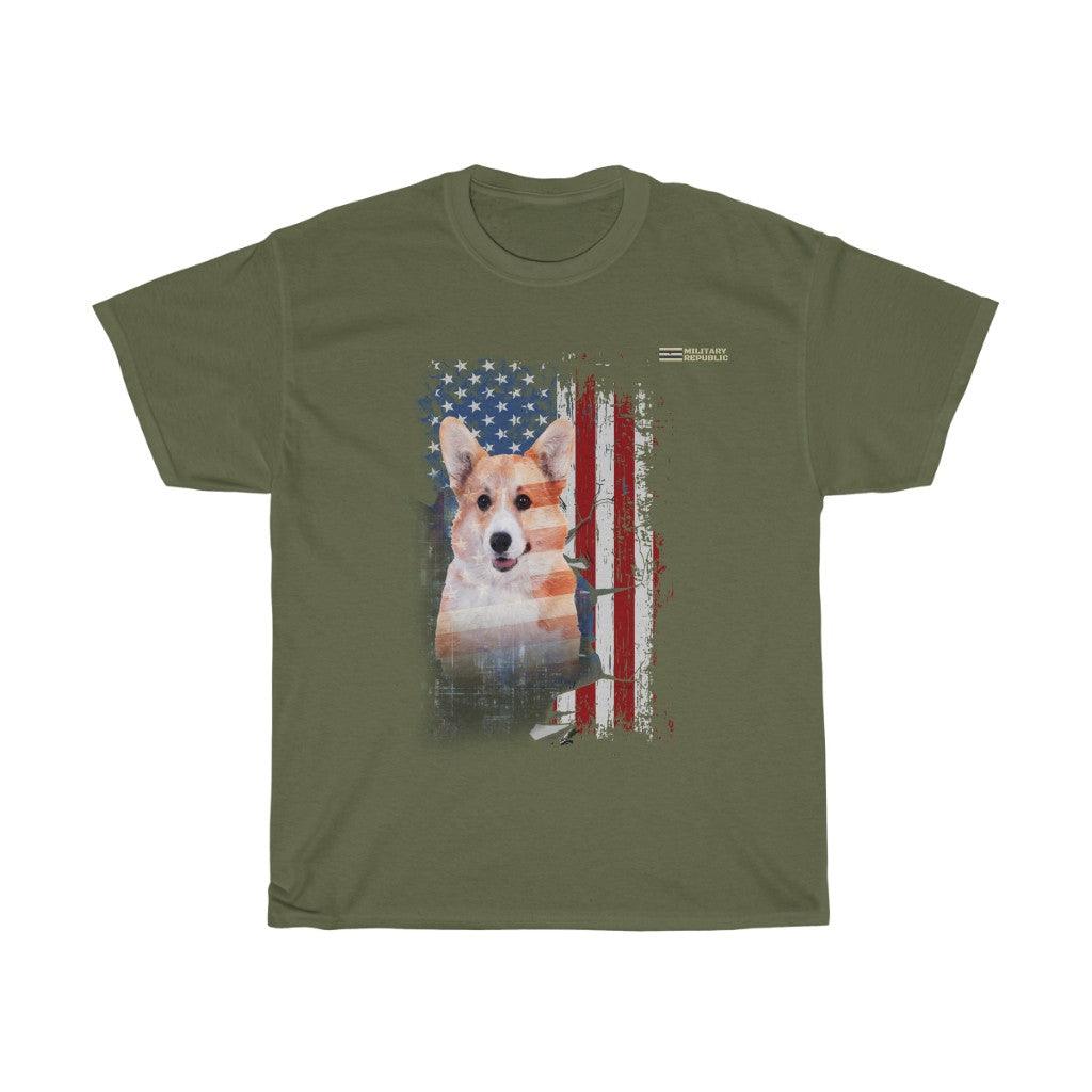 Pembroke Welsh Corgi Dog with Distressed USA Flag Patriotic T-shirt - Military Republic