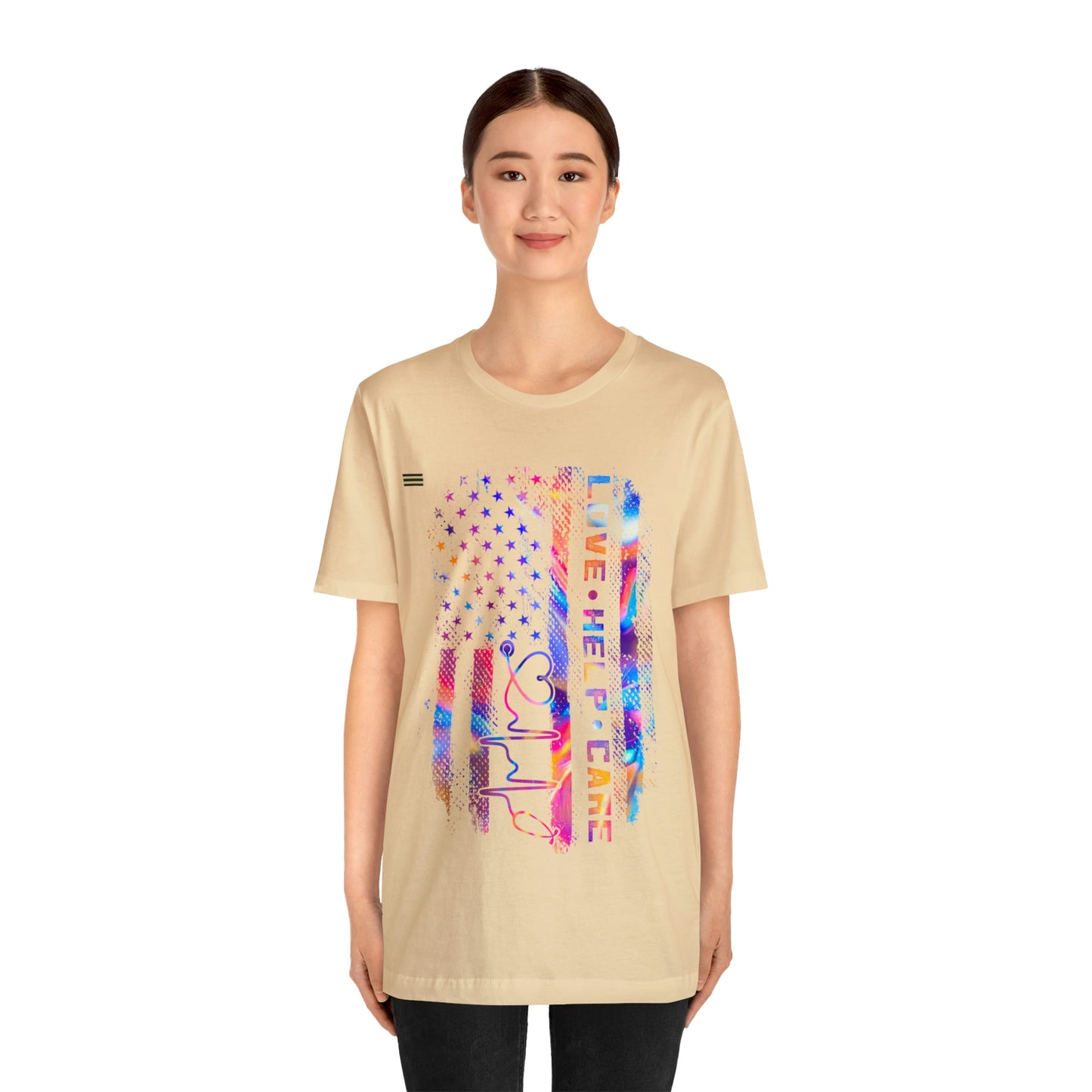Colorful Distressed USA Flag with Love-Help-Care Design Nurse T-shirt