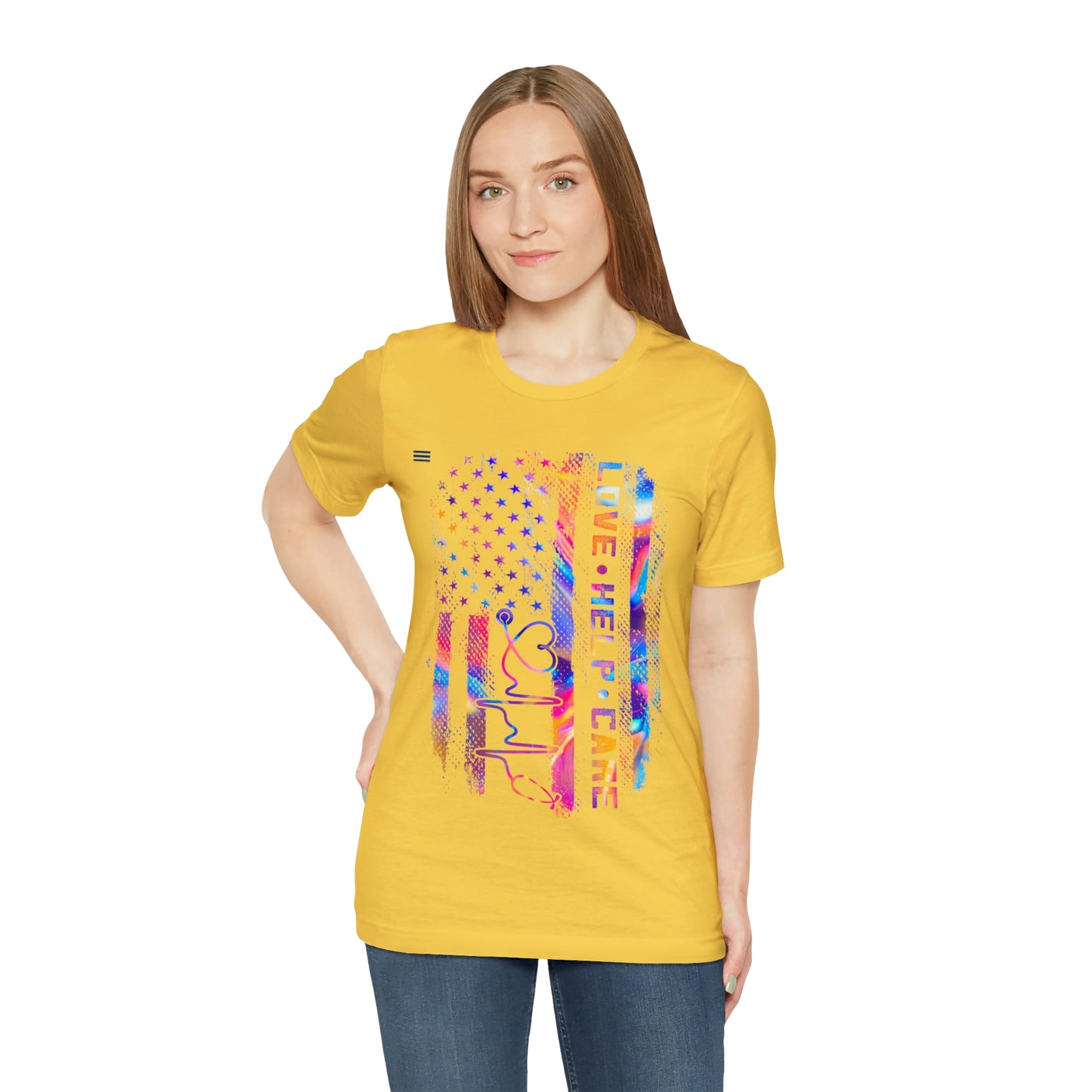 Colorful Distressed USA Flag with Love-Help-Care Design Nurse T-shirt