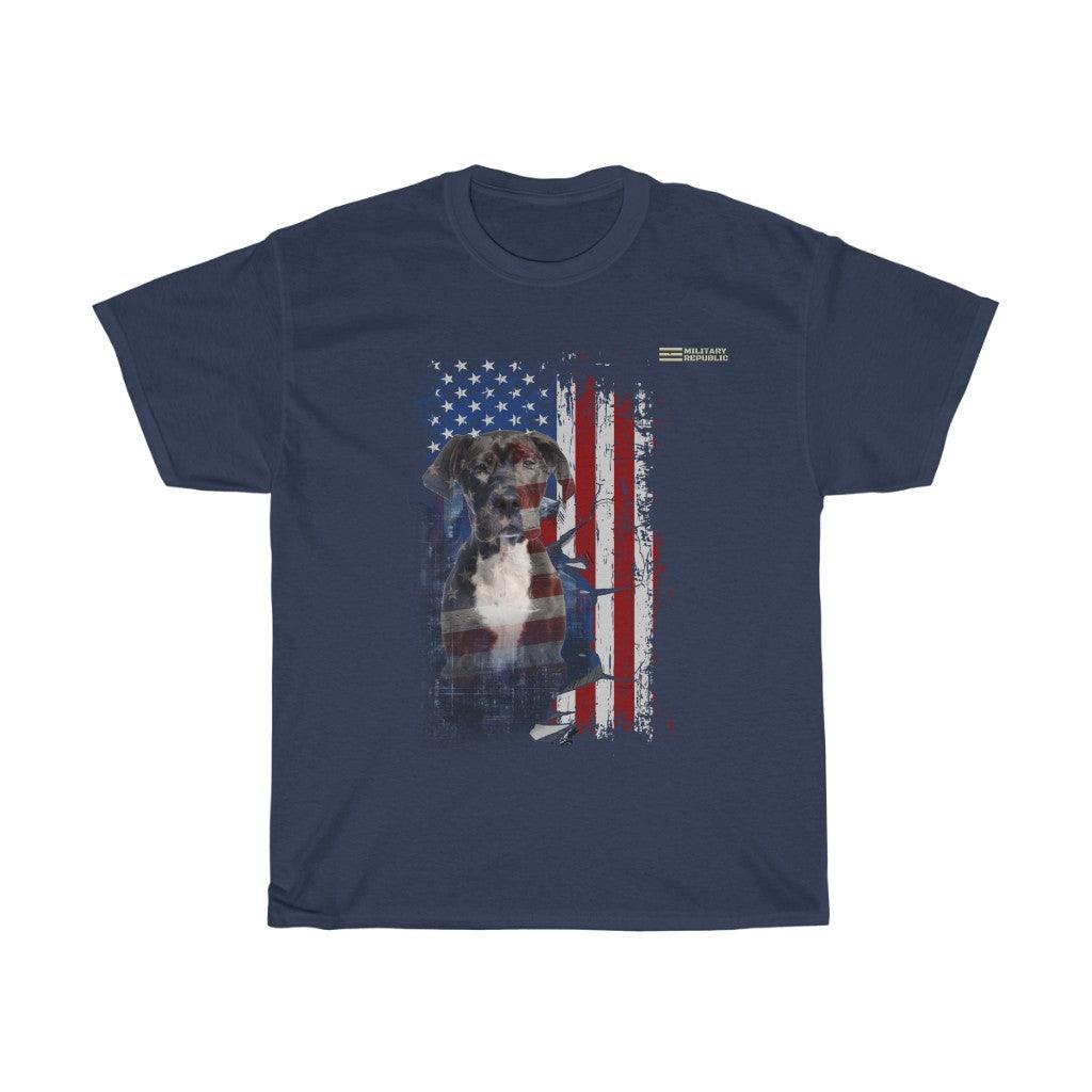Great Dane Dog with Distressed USA Flag Patriotic T-shirt - Military Republic