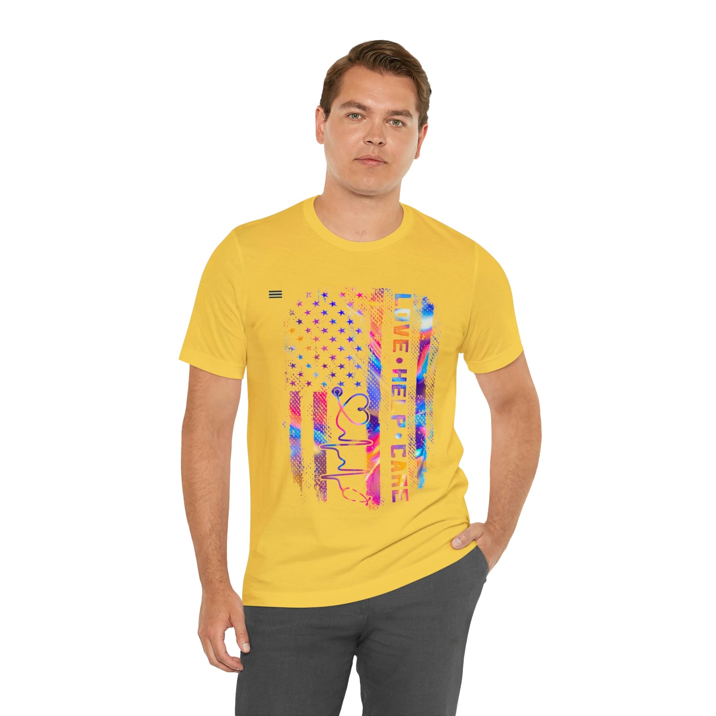 Colorful Distressed USA Flag with Love-Help-Care Design Nurse T-shirt