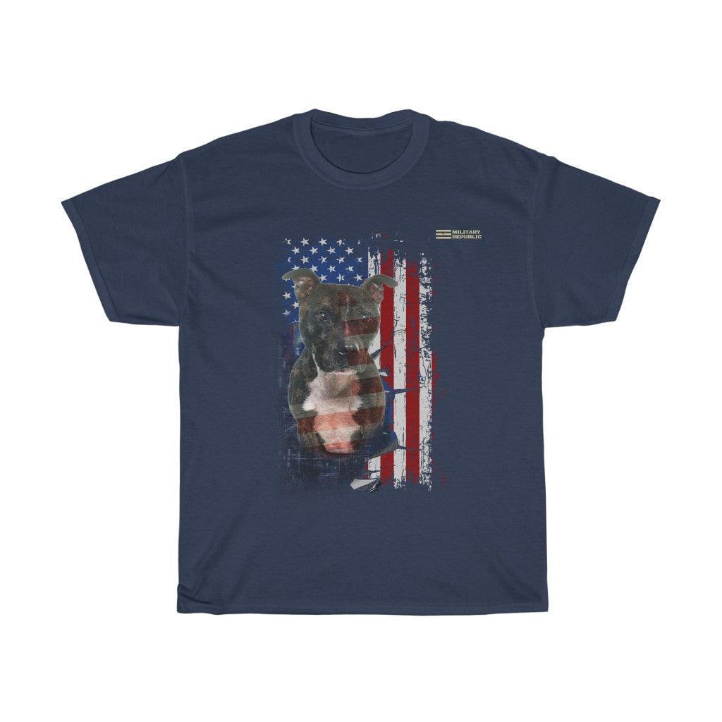 Staffordshire Bull Terrier Dog with Distressed USA Flag Patriotic T-shirt - Military Republic