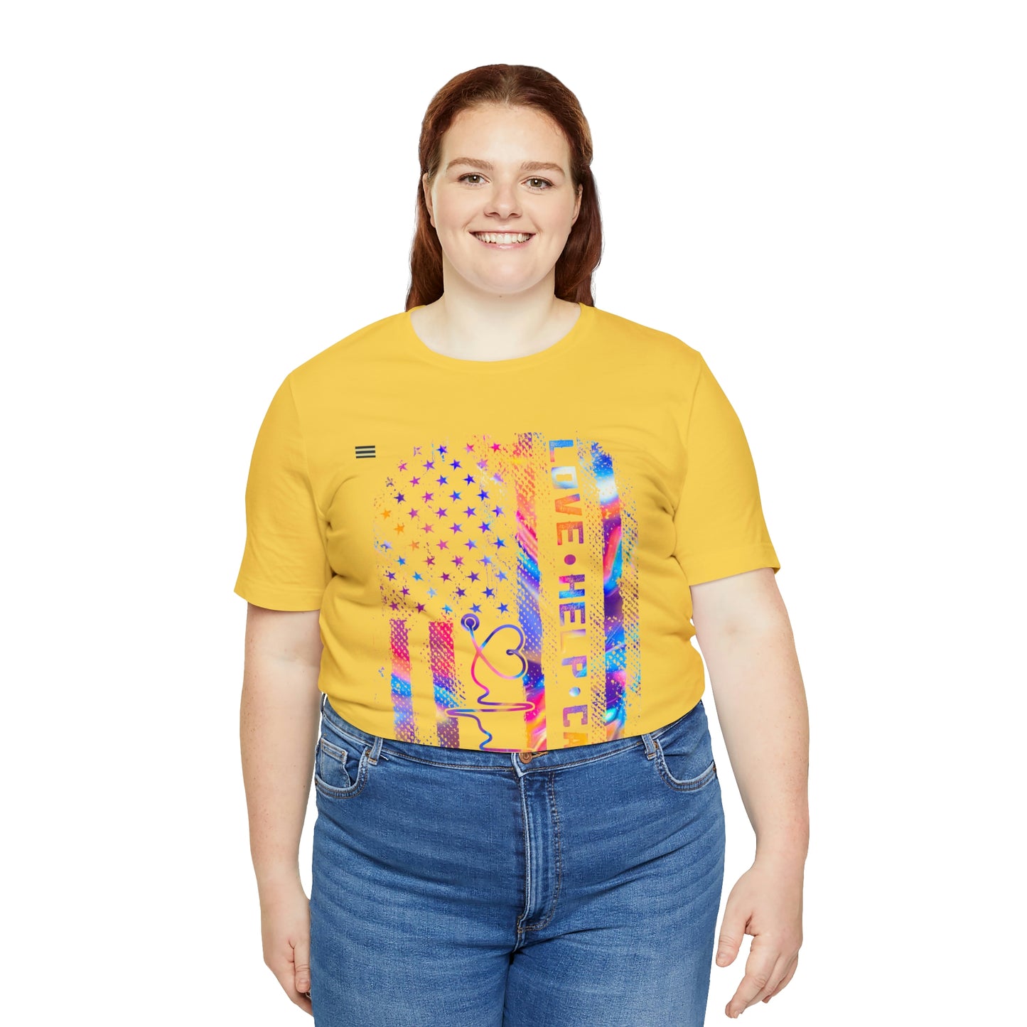 Colorful Distressed USA Flag with Love-Help-Care Design Nurse T-shirt