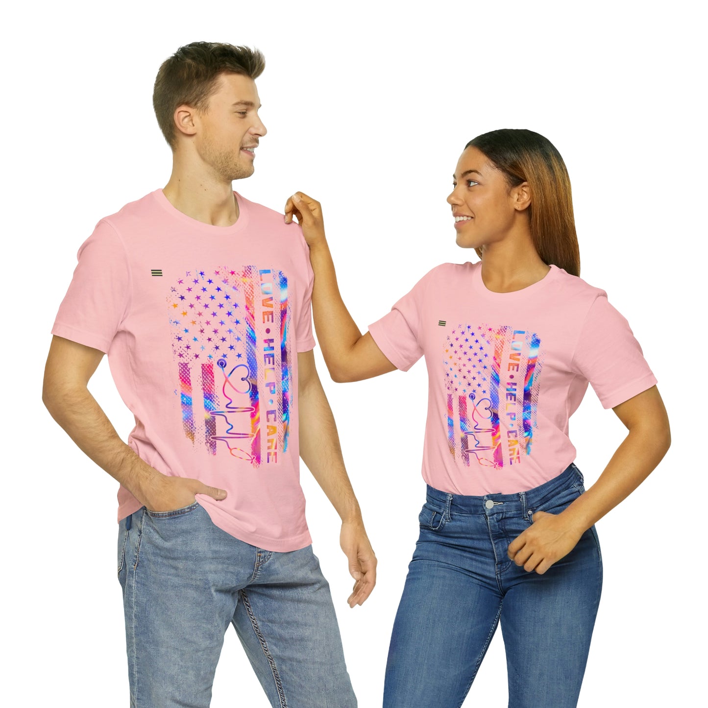 Colorful Distressed USA Flag with Love-Help-Care Design Nurse T-shirt