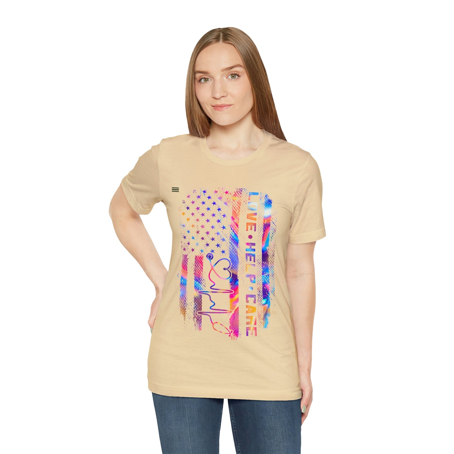 Colorful Distressed USA Flag with Love-Help-Care Design Nurse T-shirt