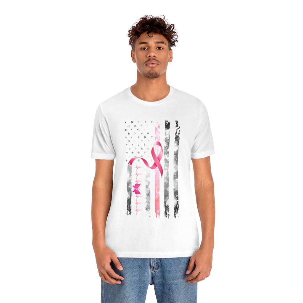 Pink Ribbon With USA Flag And Heart Beat Design T-shirt - Military Republic