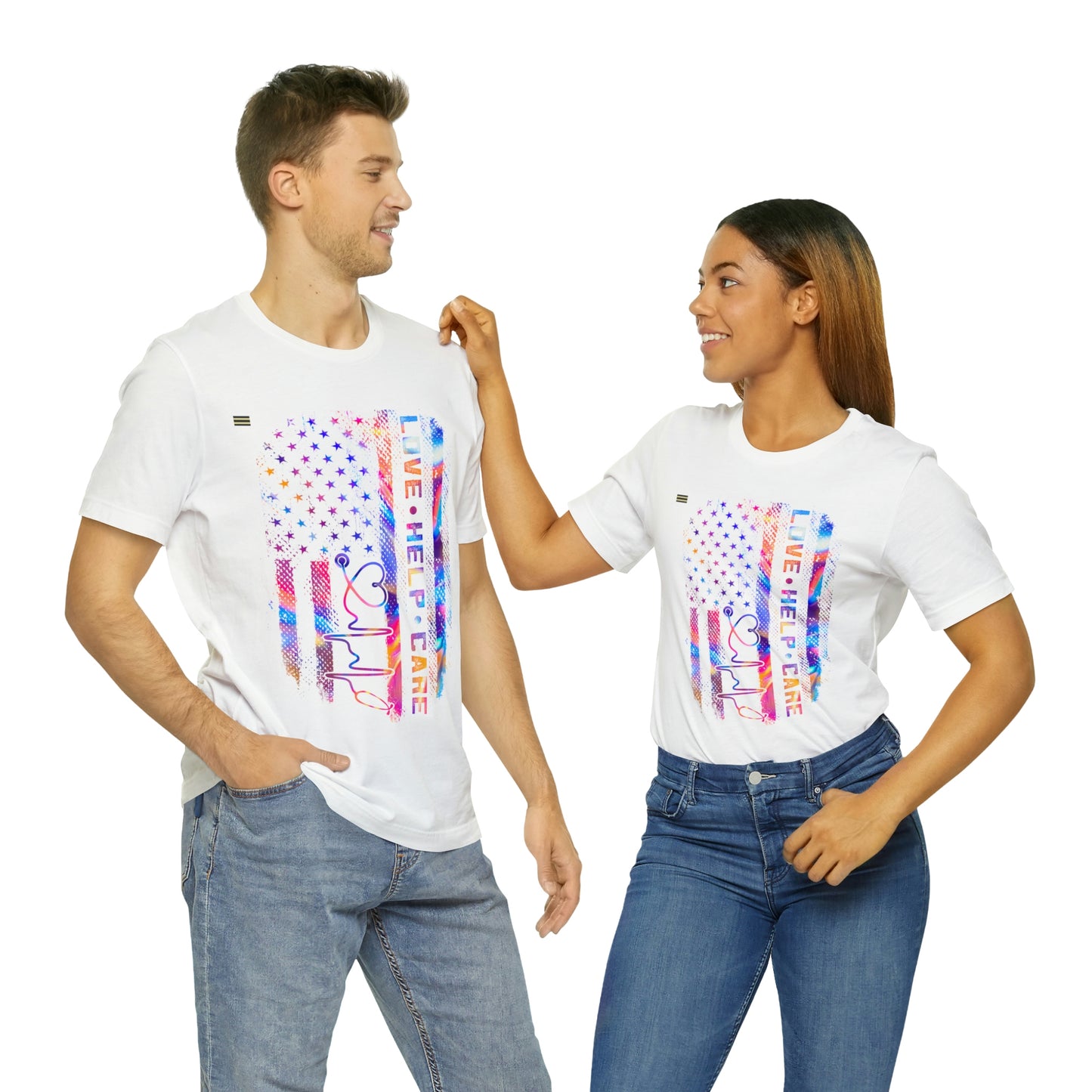 Colorful Distressed USA Flag with Love-Help-Care Design Nurse T-shirt