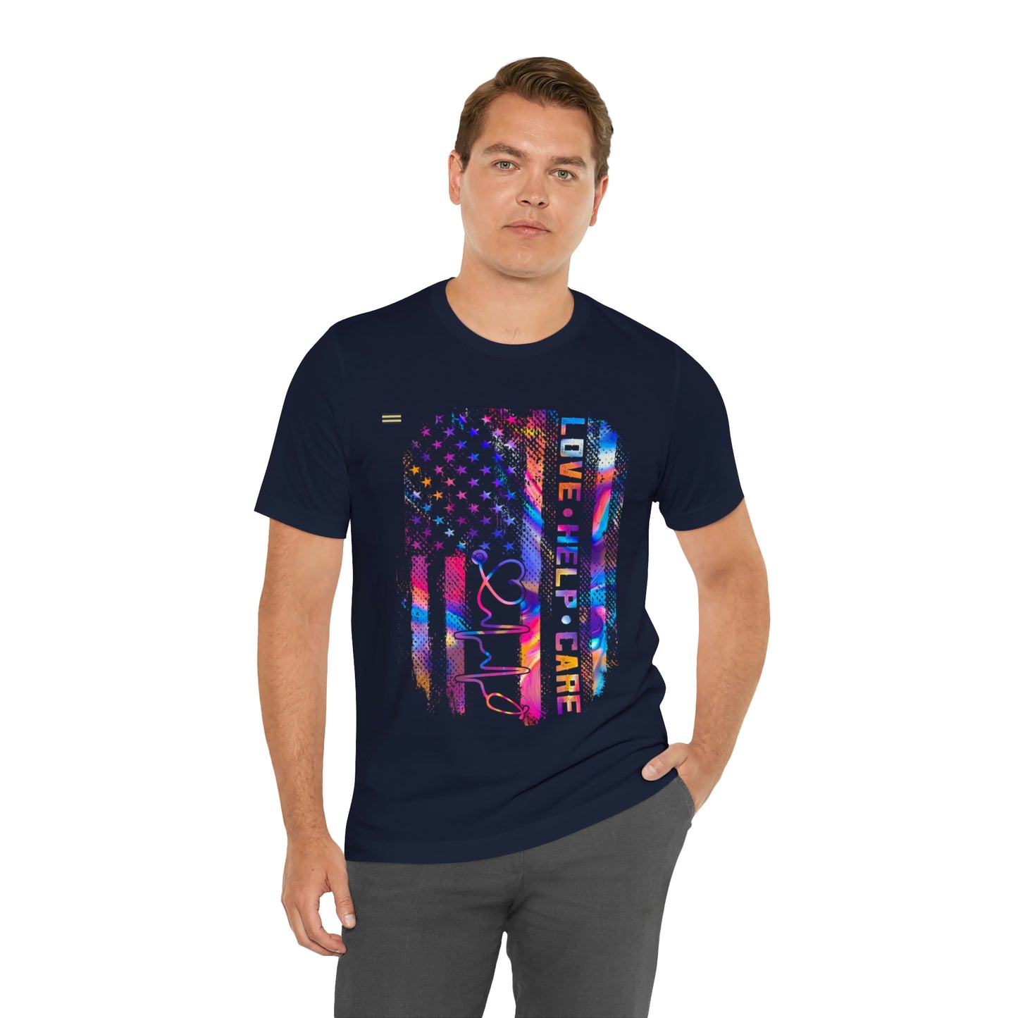 Colorful Distressed USA Flag with Love-Help-Care Design Nurse T-shirt