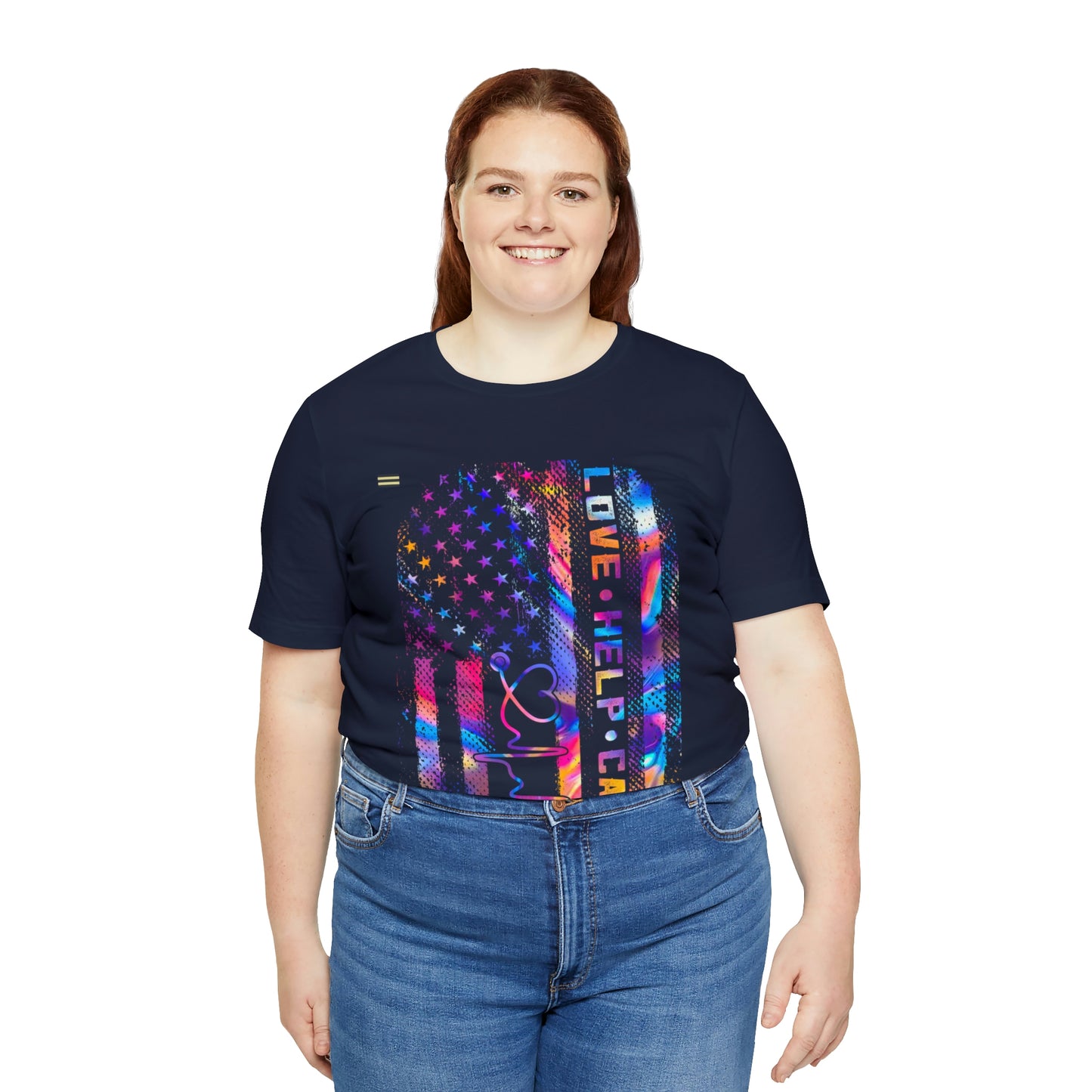 Colorful Distressed USA Flag with Love-Help-Care Design Nurse T-shirt