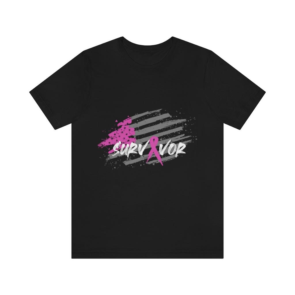 Cancer Survivor Pink Ribbon Contemporary USA Flag T-shirt - Military Republic