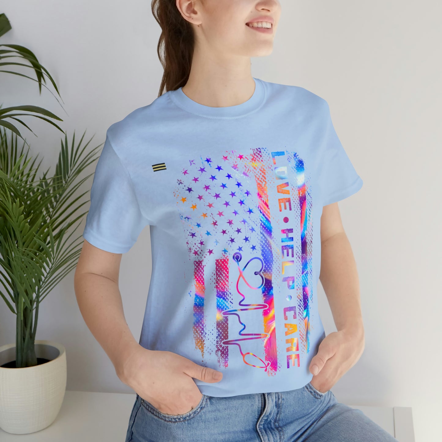 Colorful Distressed USA Flag with Love-Help-Care Design Nurse T-shirt