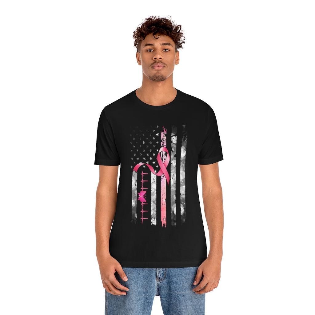 Pink Ribbon With USA Flag And Heart Beat Design T-shirt - Military Republic