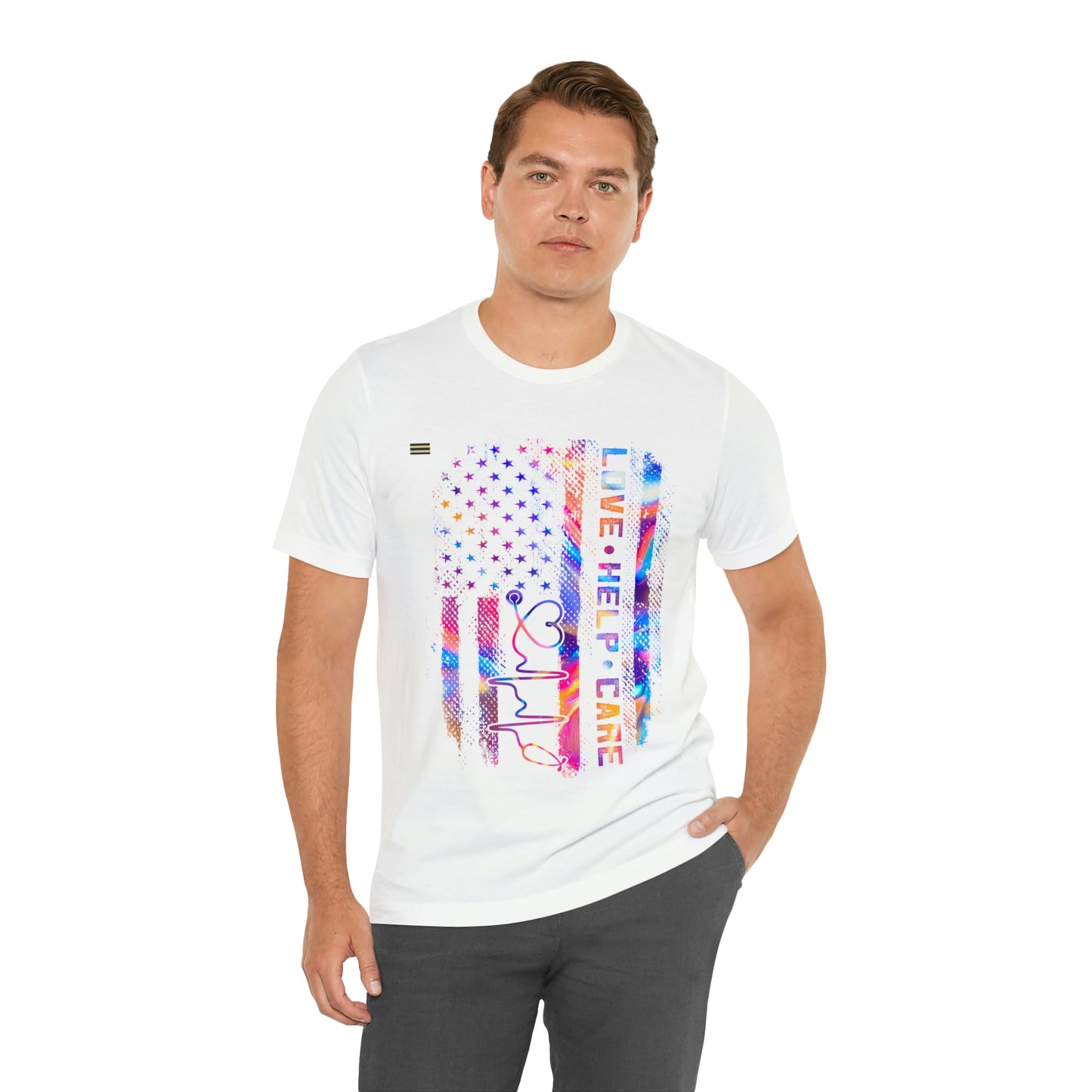Colorful Distressed USA Flag with Love-Help-Care Design Nurse T-shirt