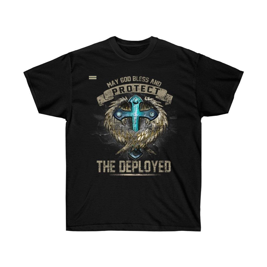 God Bless and Protect the Deployed Cross & Angel T-shirt - Military Republic