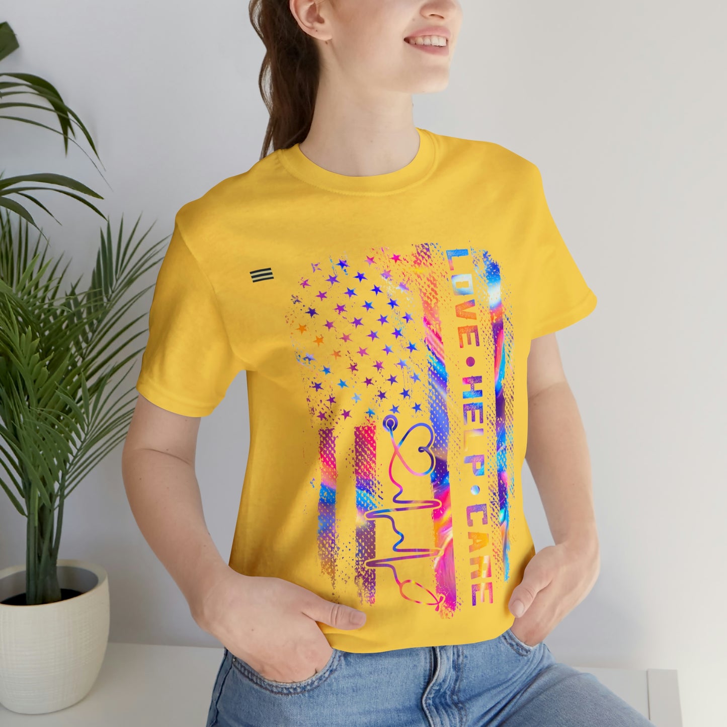 Colorful Distressed USA Flag with Love-Help-Care Design Nurse T-shirt