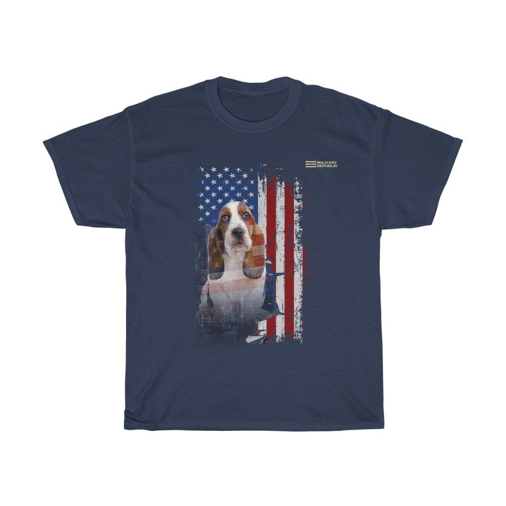 Basset Hound Dog with Distressed USA Flag Patriotic T-shirt - Military Republic