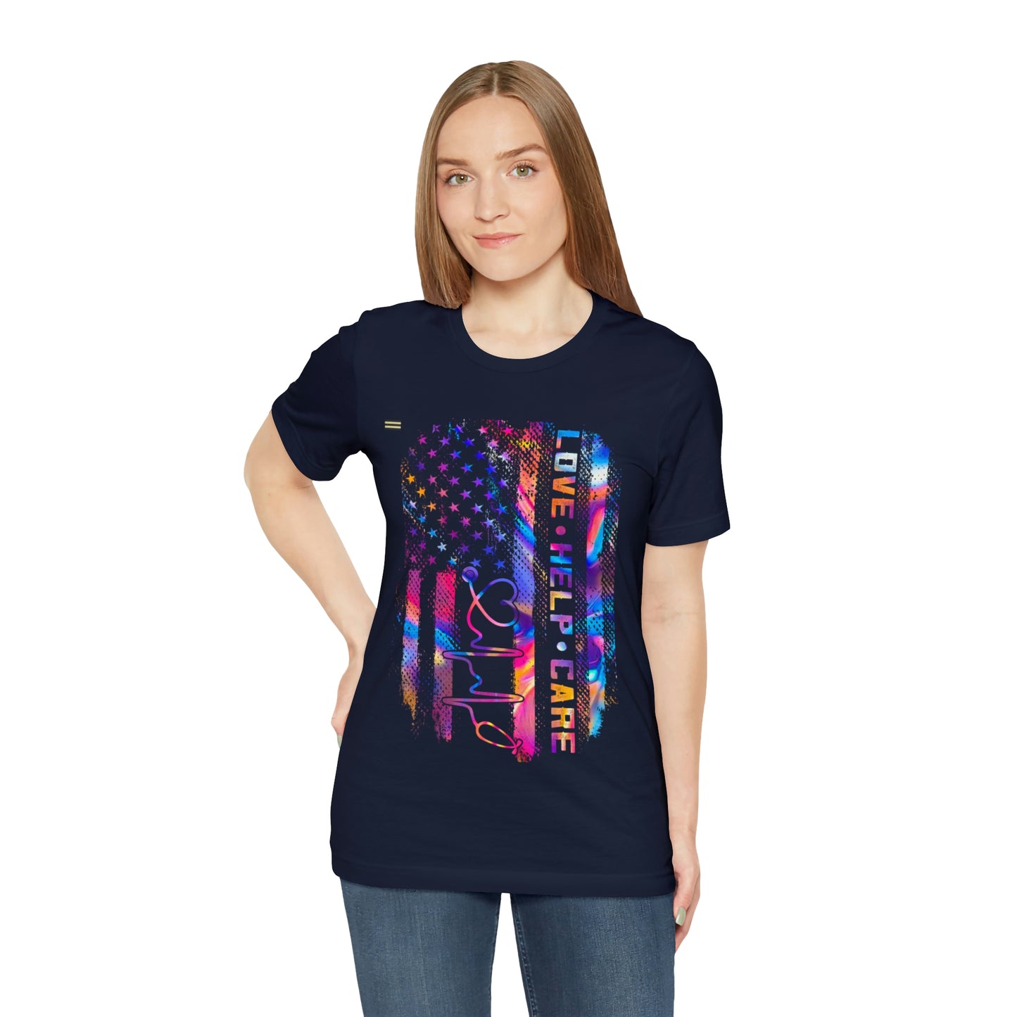Colorful Distressed USA Flag with Love-Help-Care Design Nurse T-shirt