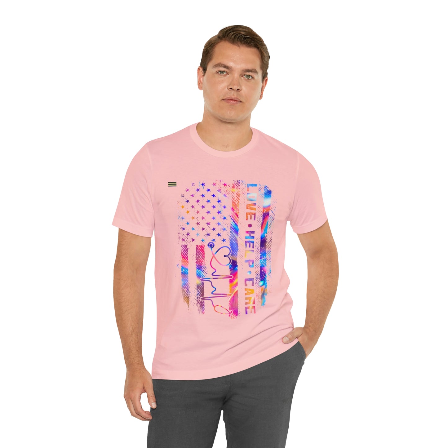 Colorful Distressed USA Flag with Love-Help-Care Design Nurse T-shirt