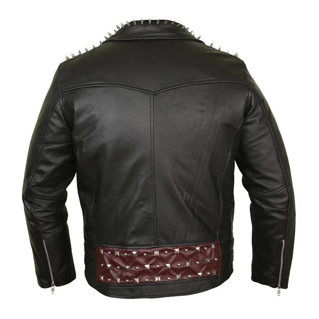 Studded Spiked Black Leather Biker Jacket With Quilted Lining - Military Republic