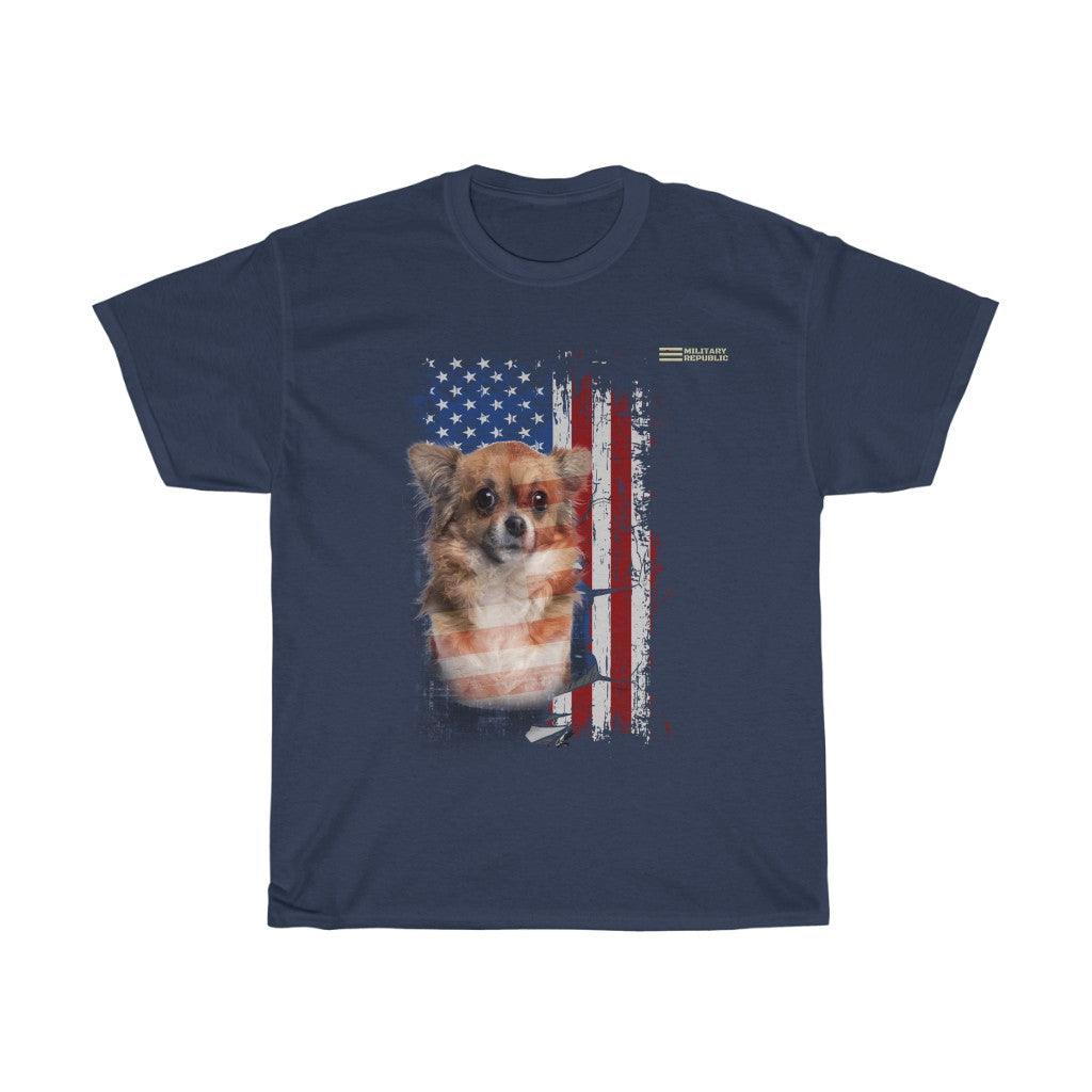 Chihuahua Dog with Distressed USA Flag Patriotic T-shirt - Military Republic