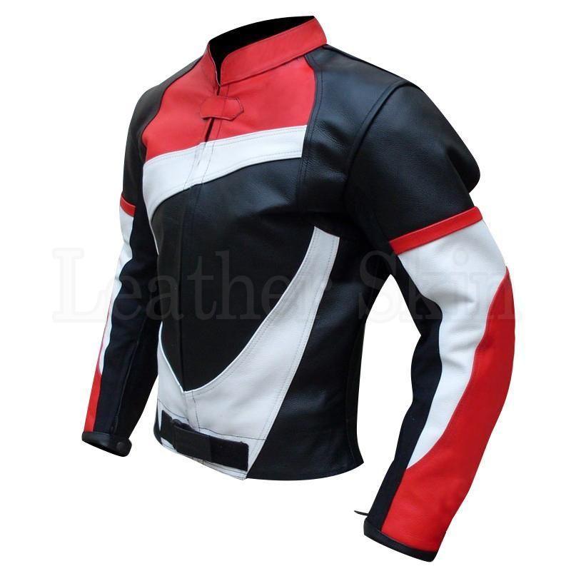 Biker Champion Black Leather Jacket with Red & White Pattern - Military Republic