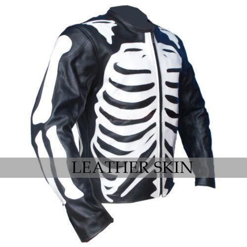 Black Genuine Collarless Jacket with White Skeleton Design - Military Republic