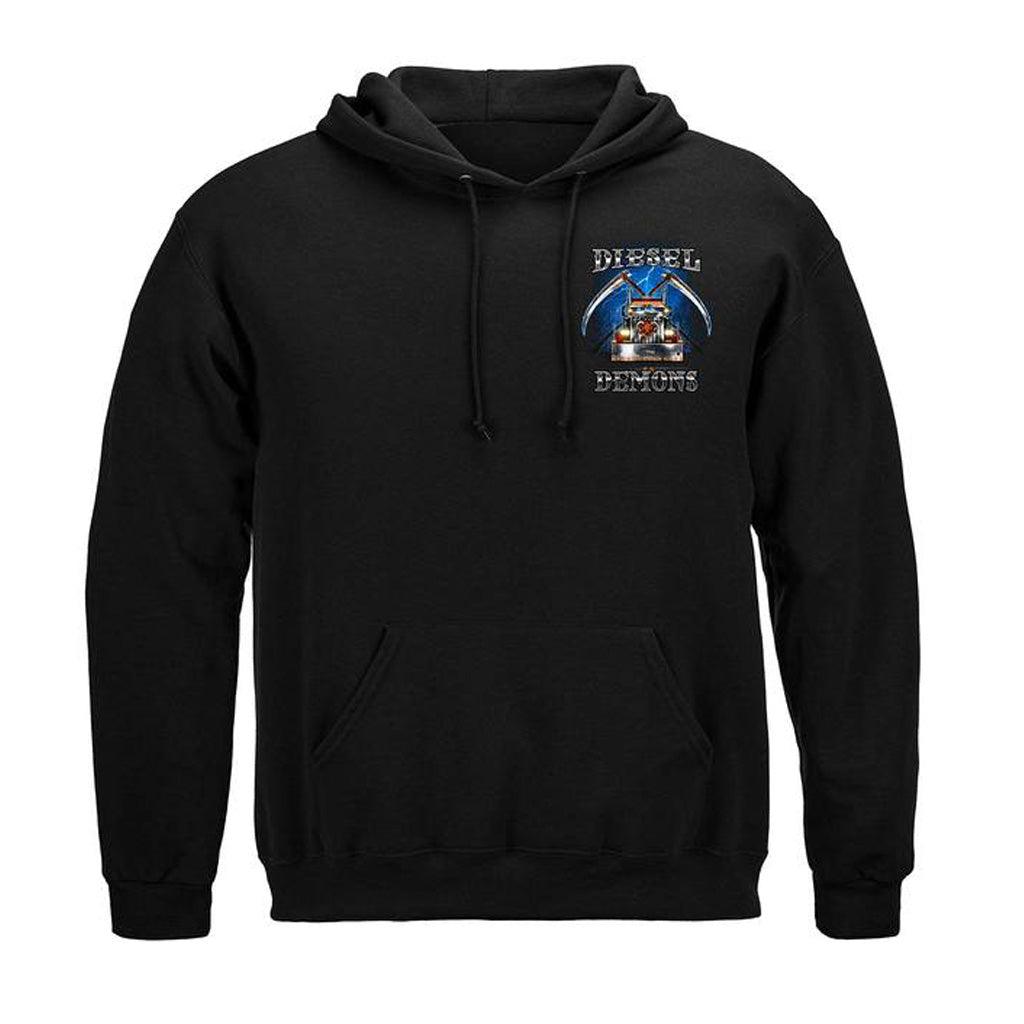 Diesel Demons Rule the Road Run the Night Trucker Reaper Hoodie - Military Republic