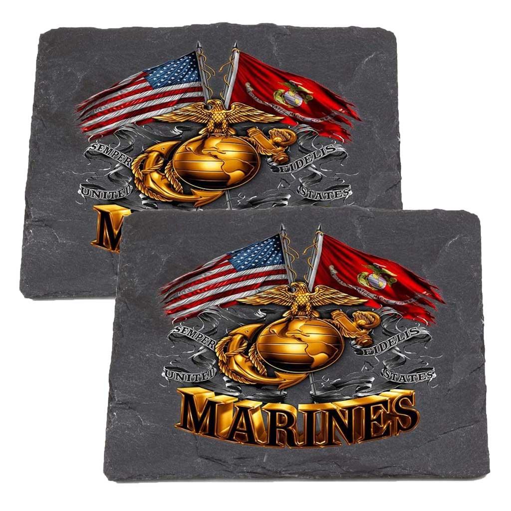 Double Flag Gold Glob Marine Corps Coaster Black - Military Republic