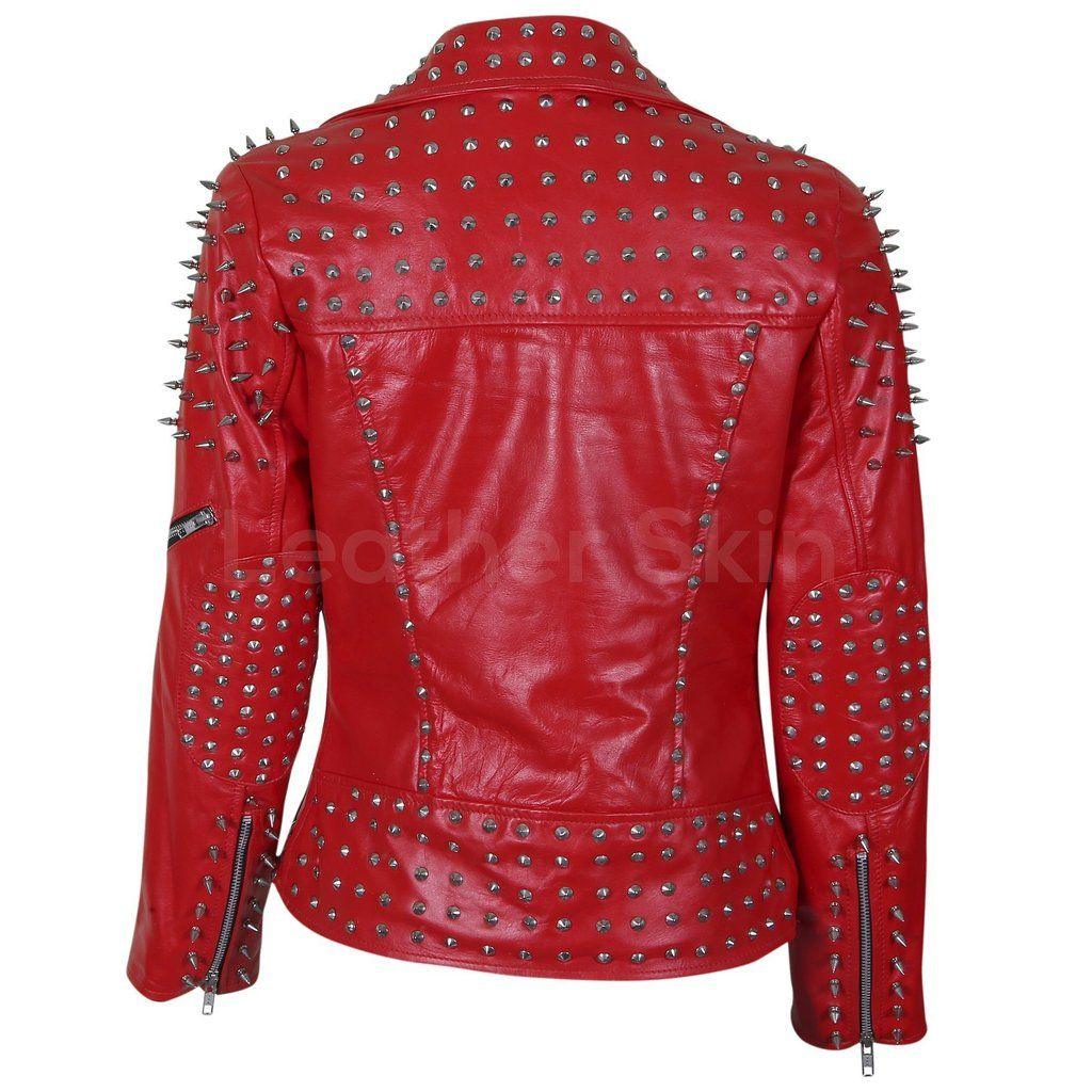 Fiery Red Women's Studded Jacket with Spikes and Wide Collar - Military Republic