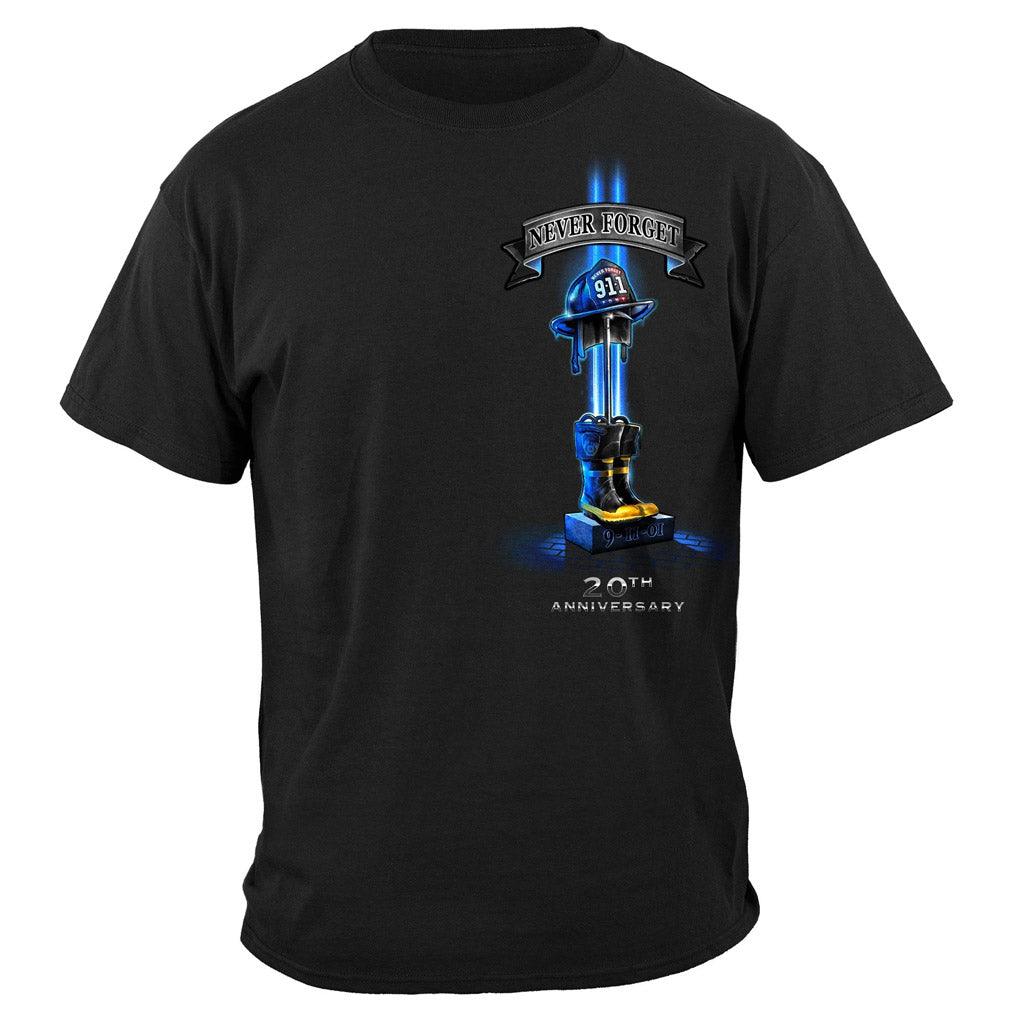 United States Firefighter 9-11 20 Year Never Forget Soldier Cross T-Shirt - Military Republic