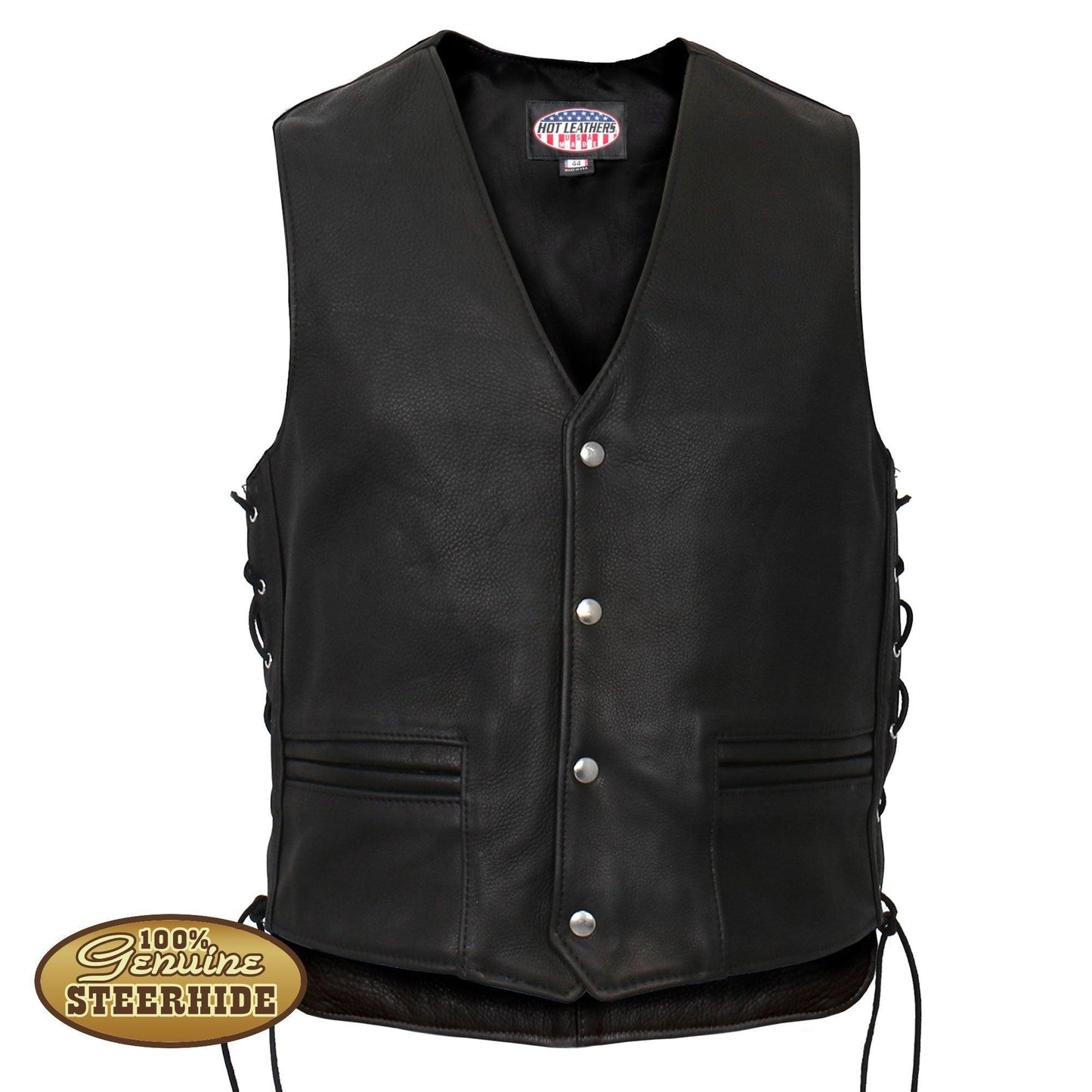 Hot Leathers Men's USA Made Extra Long Back Premium Heavyweight Steer hide Leather Vest - Military Republic