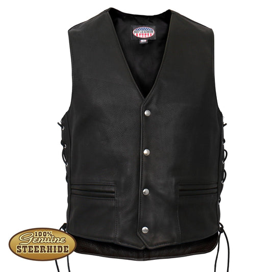 Hot Leathers Men's USA Made Extra Long Back Premium Heavyweight Steer hide Leather Vest - Military Republic