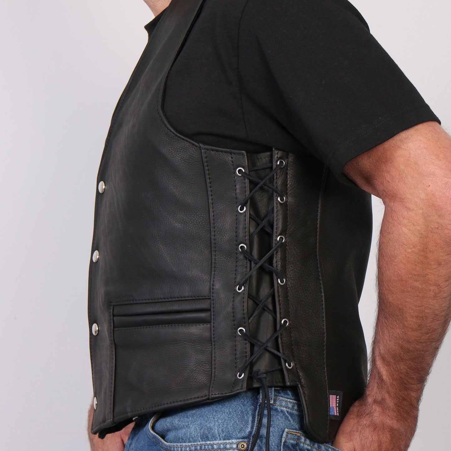 Hot Leathers Men's USA Made Extra Long Back Premium Heavyweight Steer hide Leather Vest - Military Republic
