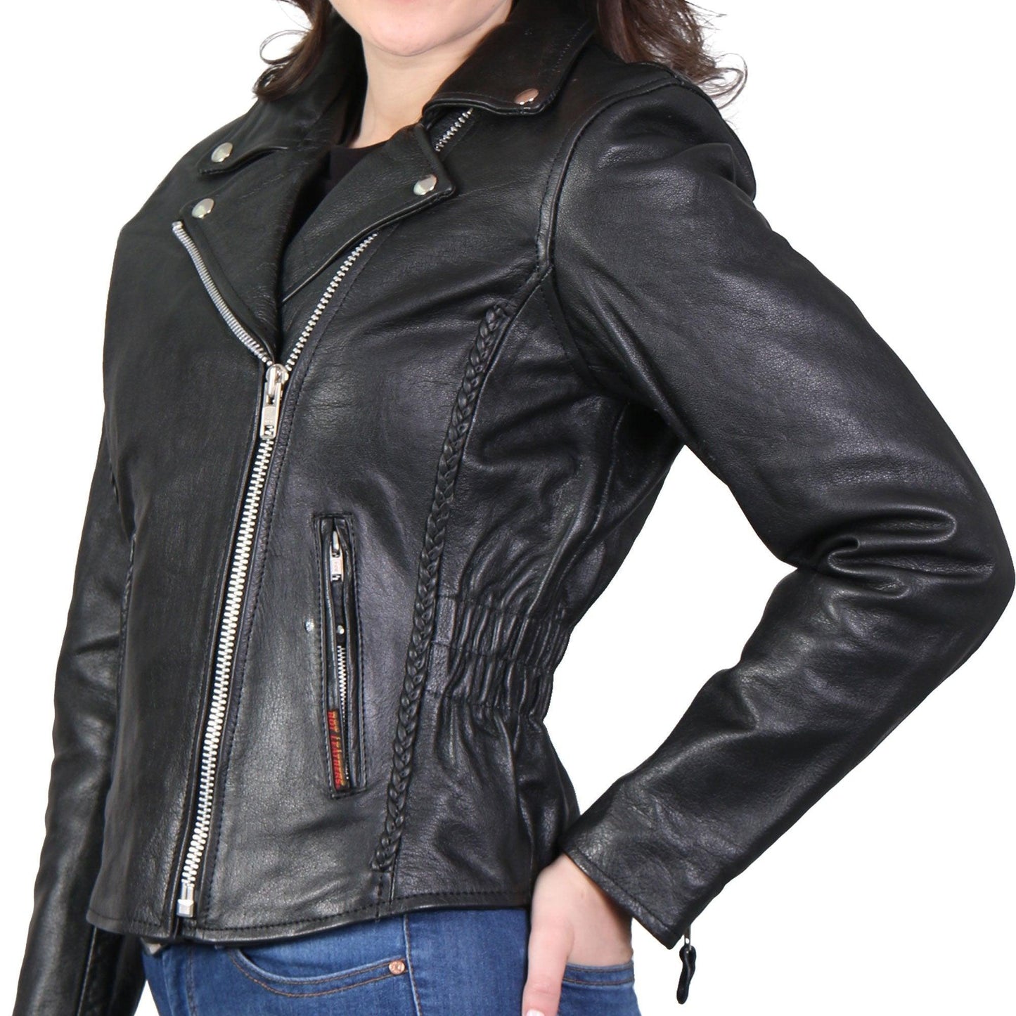 Ladies Black Braided Motorcycle Leather Jacket - Military Republic