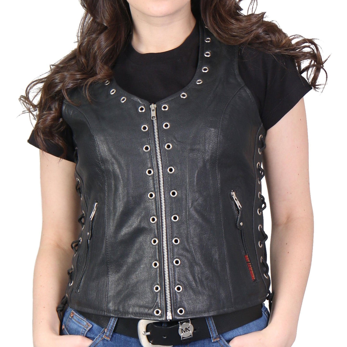 Ladies Black Naked Hot Leathers Leather Biker Vest - Military Republic
