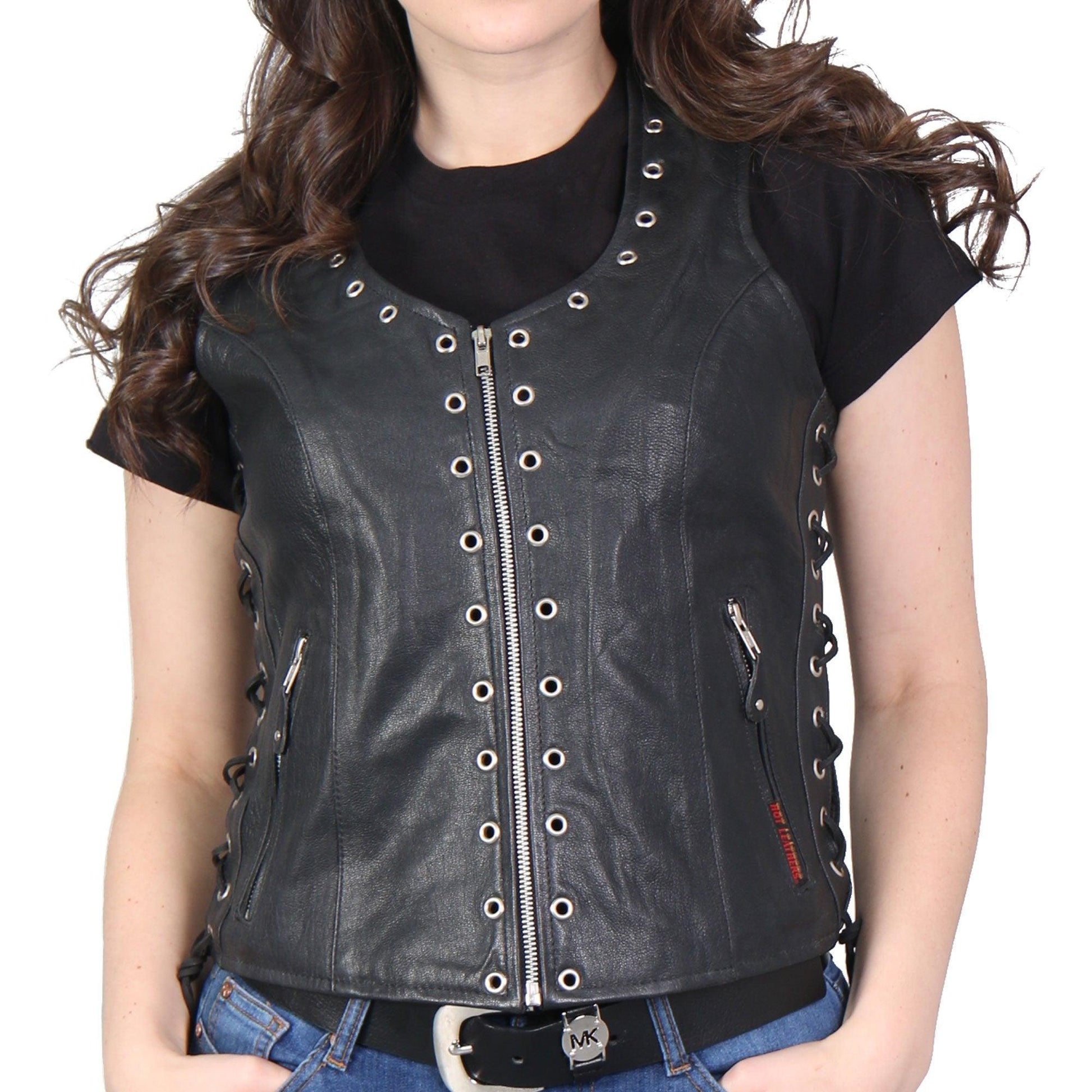 Ladies Black Naked Hot Leathers Leather Biker Vest - Military Republic